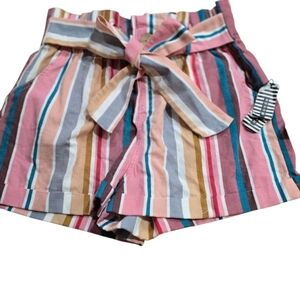 NWT Paperbag Shorts Stripe W/ Pockets, Belt, Wood Buttons, Comfy Streetwear Pink